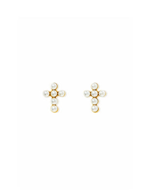 Pair of gold earrings with pearl-like beads on a white background