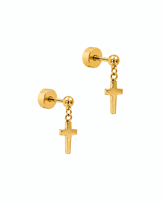 A pair of gold stud earrings with a flat cross dangle, shown on a plain white background.
