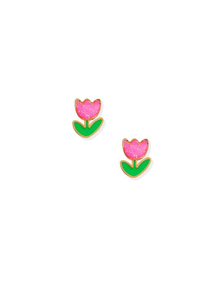 Pair of pink tulip-shaped earrings on a white background