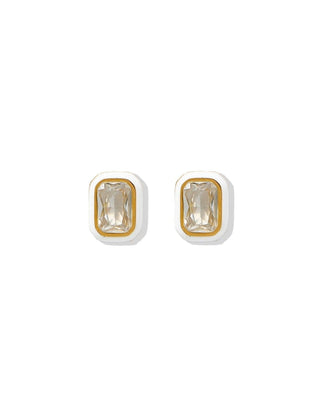 Pair of gold and silver square stud earrings on a white background