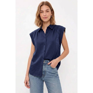 Relaxed sleeveless collared button-up blouse with subtle shimmer, view 2
