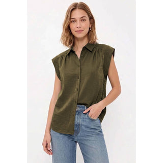 Relaxed sleeveless collared button-up blouse with subtle shimmer