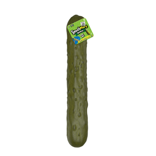 Green pickle-shaped toy with a label on a white background