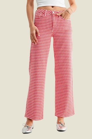 Sophie Gingham Straight Leg Pants in red and white on model