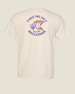 Beige t-shirt with 'Take Me Out to the Ballgame' graphic on a white background