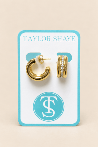 Taylor Shaye Conner Hoops – gold hoop earrings on display card