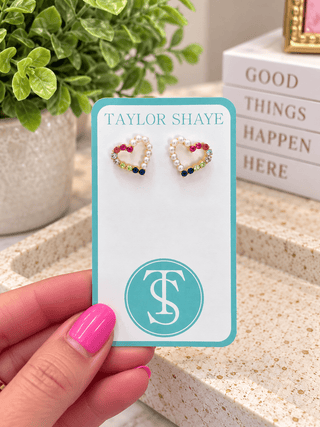 Taylor Shaye Rebecca Heart Stud – heart earrings with pearls and pink, yellow and navy stones