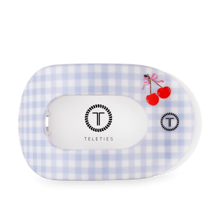 TELETIES Basket of Cherries Large Flat Round Hair Clip with light blue gingham and cherry details