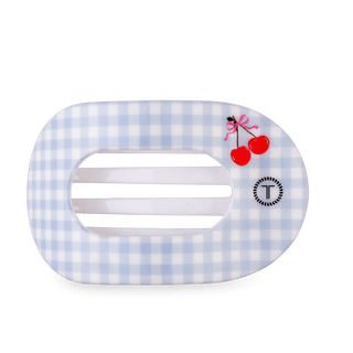 TELETIES Basket of Cherries Large Flat Round Hair Clip with light blue gingham and cherry details