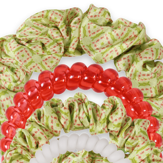 Berry Cozy Mix Pack in green and red with clear and red spiral hair ties
