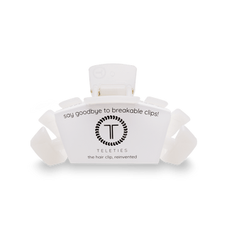 White hair clip with 'Teleties' branding on a white background
