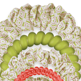 Pine & Pearl scrunchies in green, red and white floral print