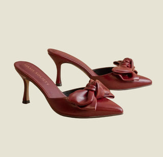 The Bordeaux Bow Heels – dark red pointed-toe mules with bow detail and kitten heel