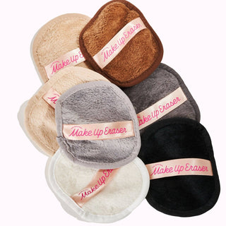 Makeup erasers in various colors with 'Make Up Eraser' branding on a white background