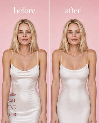 Before and after comparison of a woman wearing a white satin spaghetti-strap dress against a solid pink background, with the words 'before' and 'after' at the top.