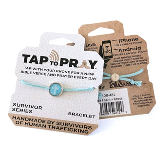 Turquoise bracelet with NFC tag on packaging labeled 'Tap to Pray' on a white background