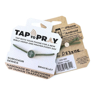 Green bracelet with 'Tap to Pray' label on a white background