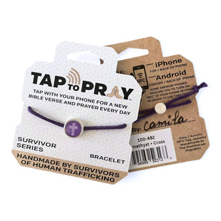 Purple bracelet with a tag labeled 'Tap to Pray' on a white background