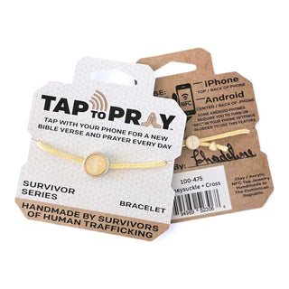 Gold bracelet with 'Tap to Pray' label on a white background