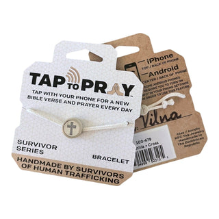 Bracelet with 'Tap to Pray' packaging on a white background