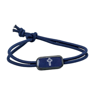 Navy blue bracelet with a cross charm on a white background