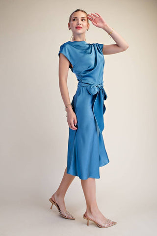 Vivienne Satin Asymmetrical Waist Tie Midi Dress, view 14