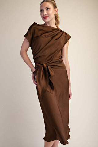 Vivienne Satin Asymmetrical Waist Tie Midi Dress, view 4