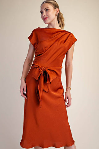 Vivienne Satin Asymmetrical Waist Tie Midi Dress, view 20