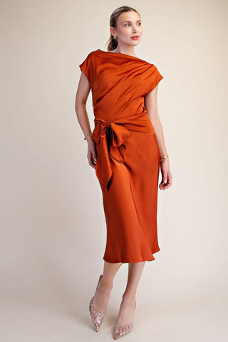 Vivienne Satin Asymmetrical Waist Tie Midi Dress, view 21