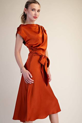 Vivienne Satin Asymmetrical Waist Tie Midi Dress, view 22