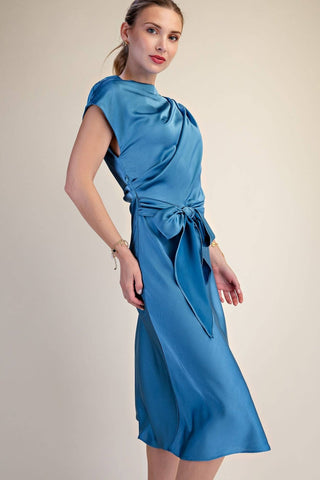 Vivienne Satin Asymmetrical Waist Tie Midi Dress, view 11