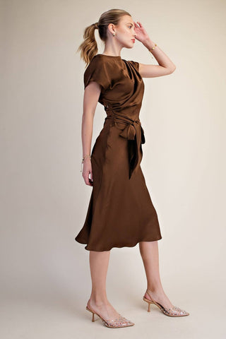 Vivienne Satin Asymmetrical Waist Tie Midi Dress, view 9