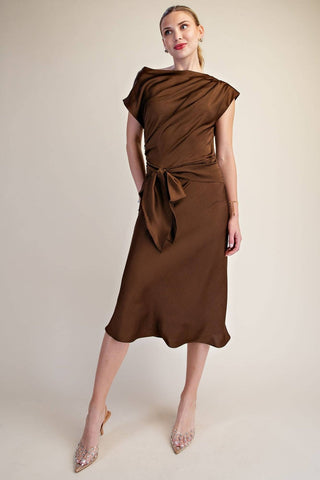 Vivienne Satin Asymmetrical Waist Tie Midi Dress, view 5