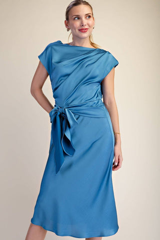 Vivienne Satin Asymmetrical Waist Tie Midi Dress, view 10