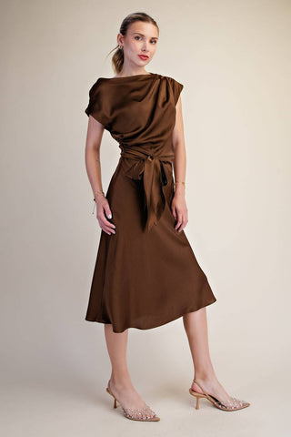 Vivienne Satin Asymmetrical Waist Tie Midi Dress, view 6