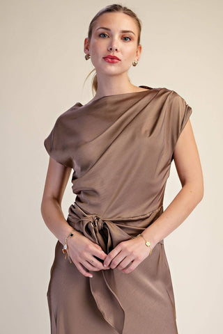 Vivienne Satin Asymmetrical Waist Tie Midi Dress, view 15