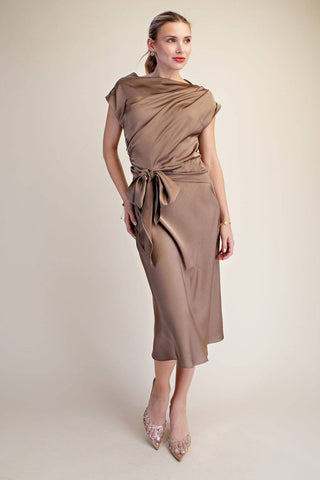 Vivienne Satin Asymmetrical Waist Tie Midi Dress, view 2