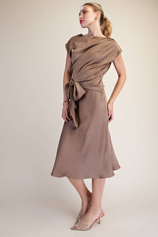 Vivienne Satin Asymmetrical Waist Tie Midi Dress, view 16