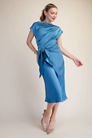 Vivienne Satin Asymmetrical Waist Tie Midi Dress, view 3