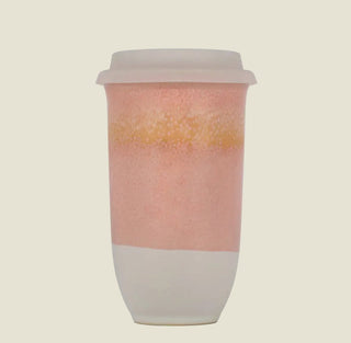 The Wander Sip Mug 16oz in white, pink and yellow
