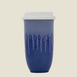 The Wander Sip Mug 16oz in blue with drip glaze