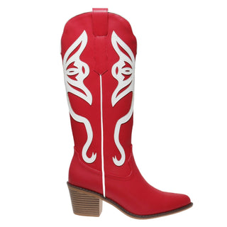 Red cowboy boot with white designs on a white background