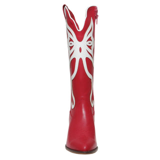 Red cowboy boot with a white star design on a white background
