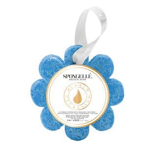 Blue sponge with a label on a white background