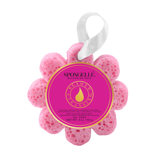 A pink flower-shaped bath bomb with a white hanging ribbon and a circular pink label reading 'SPONGELLÉ Bulgarian Rose' on a plain white background.