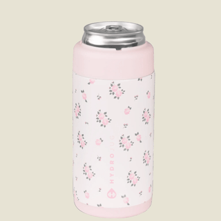 Pink can cooler with floral pattern on a white background