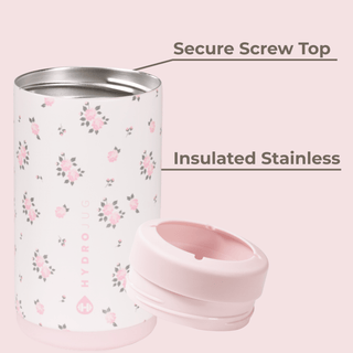 Pink floral insulated stainless steel tumbler with secure screw top on a light pink background
