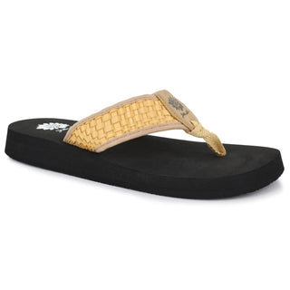Black sandal with a woven strap on a white background